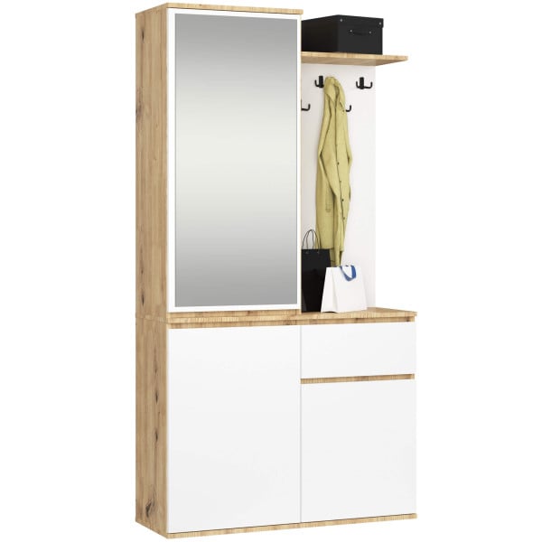 Zestaw do przedpokoju z lustrem akord entro dąb artisan, biały 95x35x183 cm