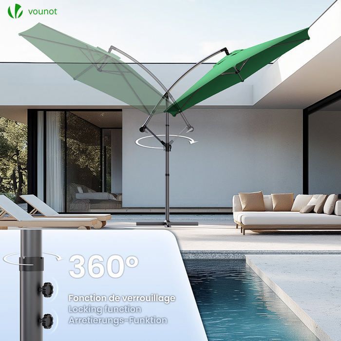 VOUNOT® Parasol déporté inclinable 3M Vert - Rotatif 360° - Inclinaison réglable - Manivelle anti-retour - Housse de protection