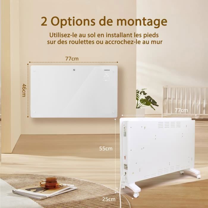 Radiatore elettrico da 2000 W con pannello in vetro ultrasottile, connessione Wi-Fi, Alexa, timer 24 ore, 3 modalità, touchscreen a LED.