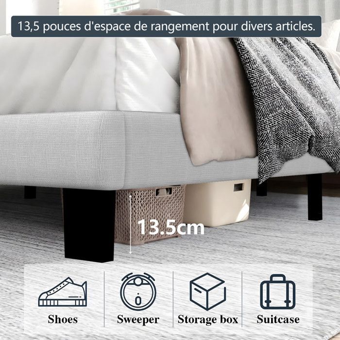 Estructura de cama de 140x190 cm, base de cama de metal con cabecero y tapizado, estructura de cama de fácil montaje, construcción robusta.