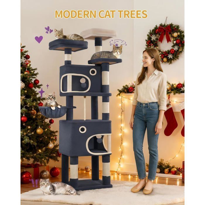 Arbre à Chat Hauteur 180 cm, Tour de Jeux pour Chat avec 8 Griffoirs, 3 Plateformes, 2 Niches, Panier, Pompons, Gris Foncé