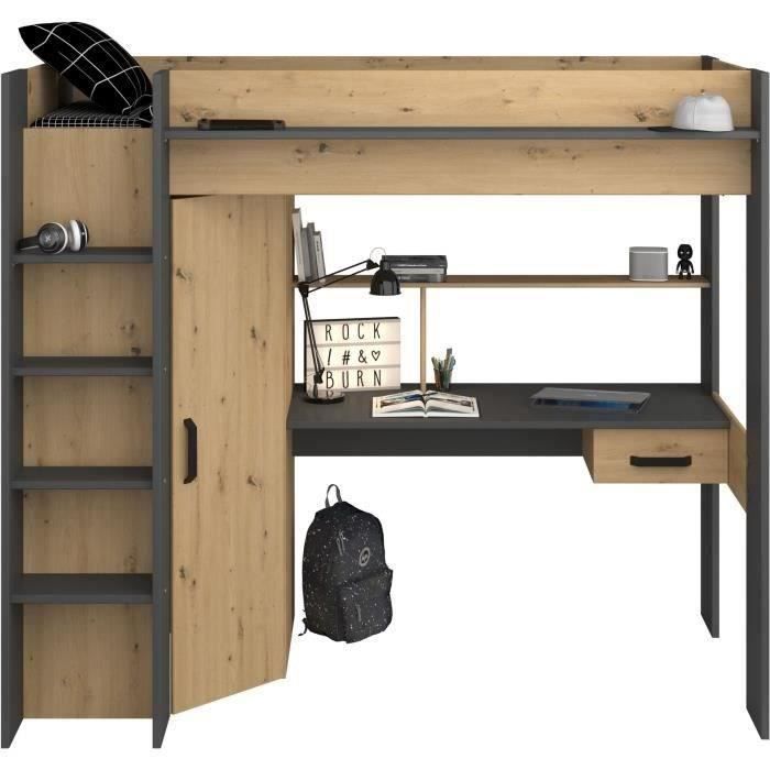 Lit combiné mezzanine enfant PARISOT HIGH - Chêne et gris - Sommier inclus - 90 x 200 cm