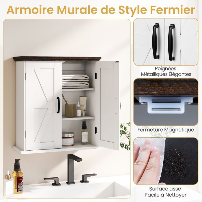 Armario de baño de pared COSTWAY con 2 puertas, estantes ajustables, estilo rústico, para cocina, lavadero, pasillo, blanco.