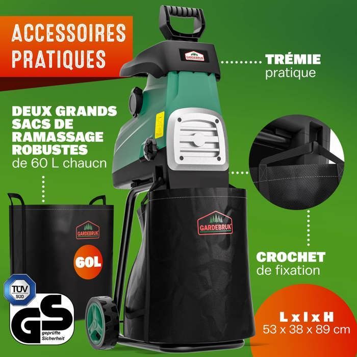 GARDEBRUK® Trituratore di legno e rami silenzioso da 3100 W, diametro massimo dei rami 44 mm, 2 contenitori di raccolta da 60 litri, trituratore di rami elettrico