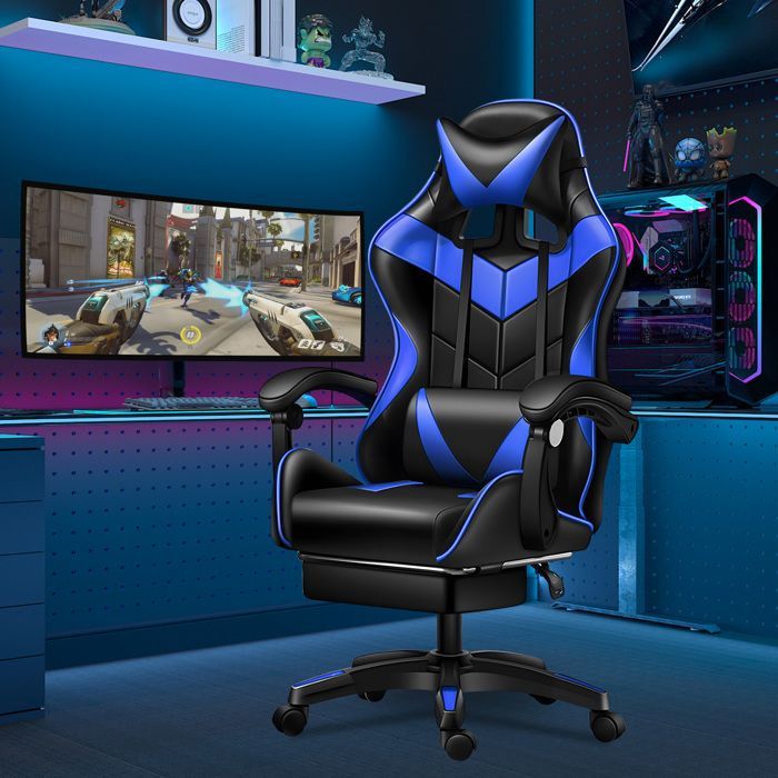 Silla gaming ergonómica con cojín lumbar de masaje, reposapiés, respaldo ajustable en altura e inclinación, capacidad de carga de 150 kg.