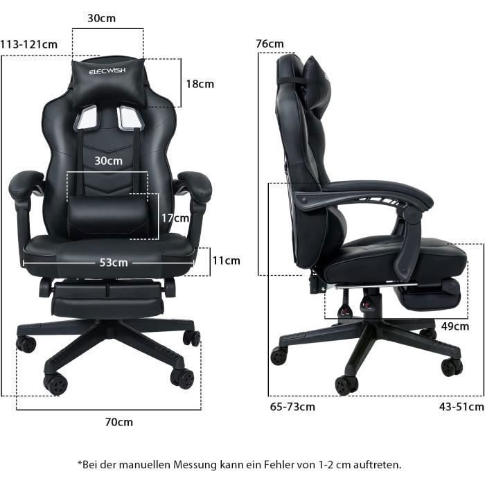 Silla gaming ergonómica con masaje, giratoria y ajustable, respaldo alto con reposapiés y reposacabezas, color negro.