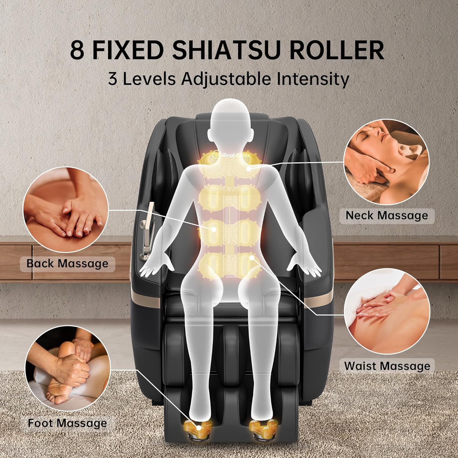 Real Relax 2024 massagestoel, volledige lichaamsmassage, zero-gravity-modus, voetmassage, Bluetooth, lcd-scherm, tailleverwarming, zwart