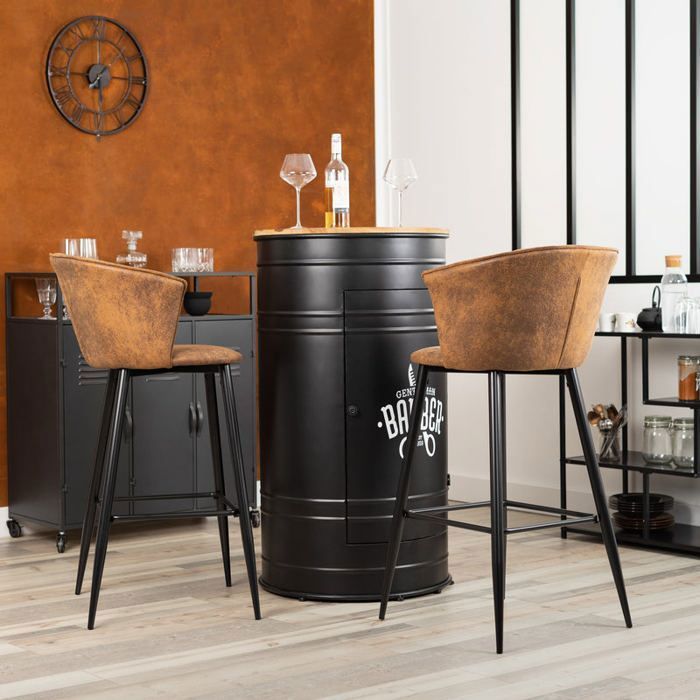 COSY FURNITURE Set van 2 industriële barkrukken met suède armleuningen en rugleuning, zwarte metalen poten - DONCIC BAR