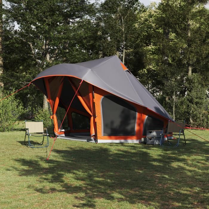 Tienda de campaña familiar tipo tipi para 10 personas, impermeable, gris y naranja.