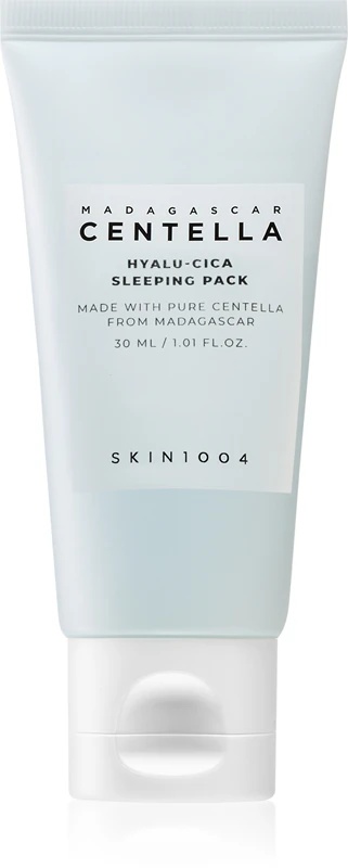 SKIN1004 Madagaskaras Centella Hyalu-Cica Sleeping Pack mitrinoša un sejas krāsu pilnveidojoša nakts maska, kas savelk ādu.