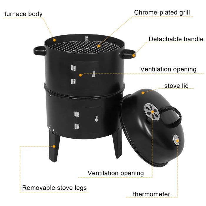 Barbecue Fumoir à Charbon 3 en 1 avec Thermomètre pour le Jardin, le Camping, la Cuisine et les Grillades en Plein Air, 40 x 84 cm