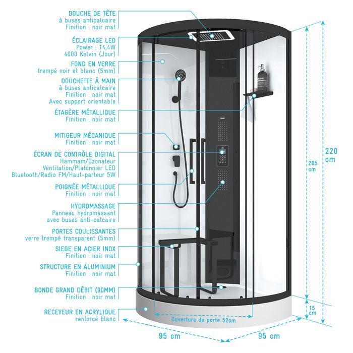 Cabina de ducha semicircular de 95x95x218 cm - Función de baño de vapor, chorros de hidromasaje, iluminación LED y Bluetooth.