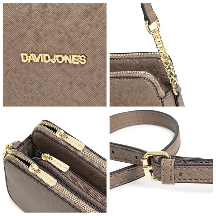 David Jones - Borsa a tracolla piccola da donna - Borsa a spalla con tracolla a catena, in pelle sintetica, 3 scomparti - Borsa multi-tasche - Marrone tortora