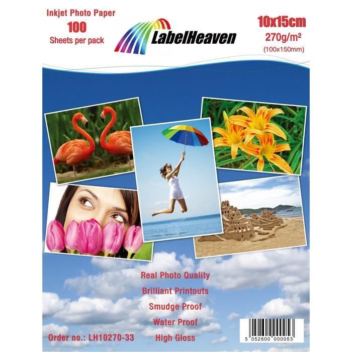 Papier Photo Premium Haute Brillance 10x15 cm - LabelHeaven - 100 Feuilles 270g