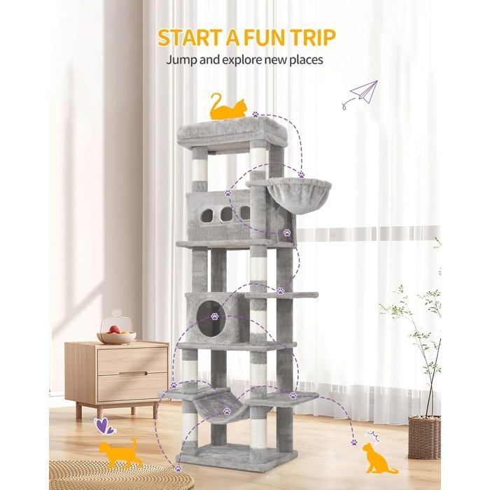 Árbol rascador grande para gatos de 170 cm, ideal para gatos grandes, con percha grande, alfombrilla lavable, 2 cuevas para gatos, 8 postes rascadores, color gris claro.