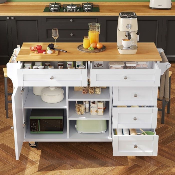 Carrinho de Cozinha - TKOPY - Ilha de Cozinha Móvel com 5 Gavetas e 1 Porta - Ilha de Cozinha - 134x46x92cm - Branco