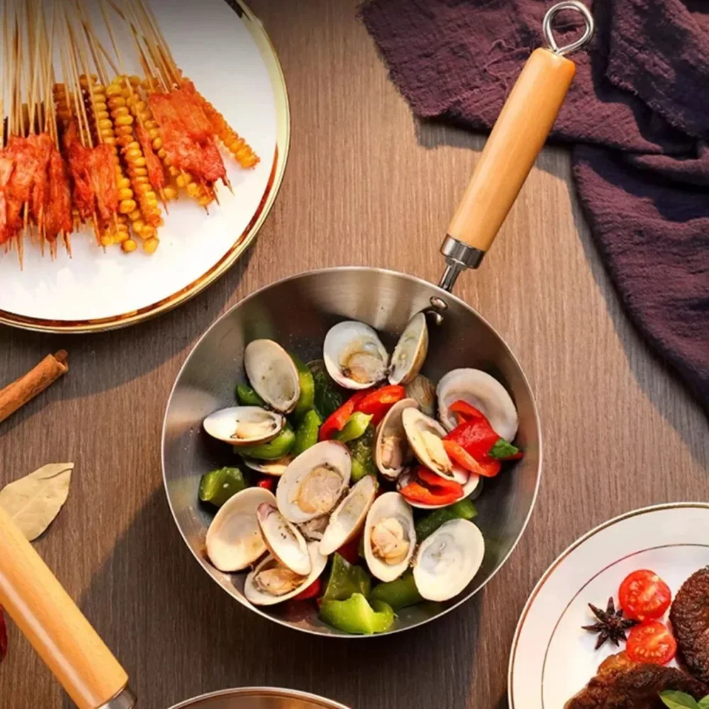 Poêle antiadhésive en acier inoxydable 430, petite poêle wok, compatible avec les plaques à induction et les cuisinières à gaz, sans revêtement, idéale pour la cuisine et les soupes.