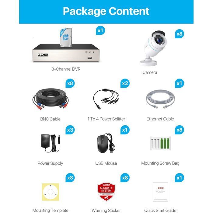 ZOSI 1080P 8CH DVR 500GB Wired Surveillance System + 8 Indoor/Outdoor Cameras with Smart Motion Detection, 24m IR