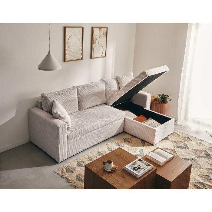 Cyrus - Sofá cama esquinero reversible de 4 plazas con almacenamiento - en pana - Beige