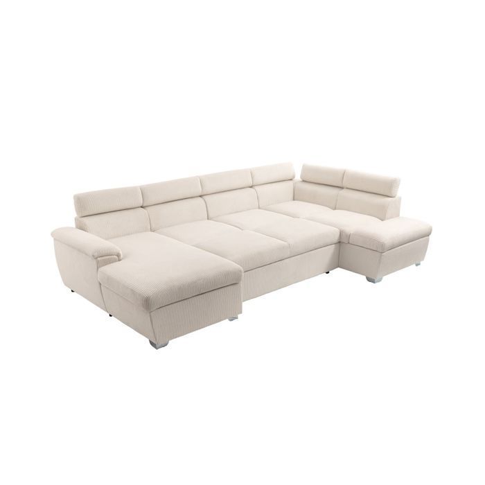 Sofá cama panorámico PAOLA de 6 plazas con 2 compartimentos de almacenamiento en pana beige.