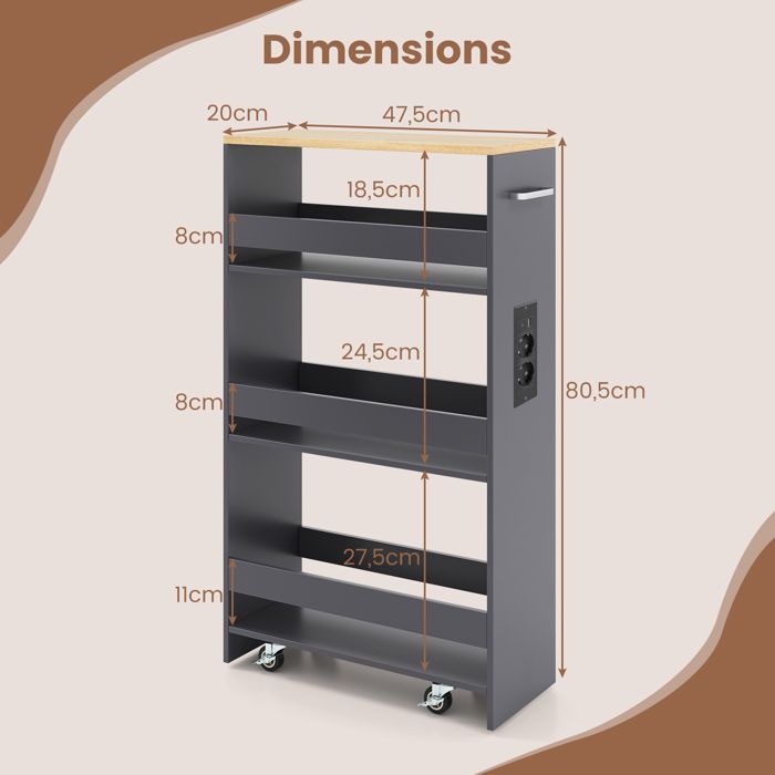 GIANTEX Desserte de Cuisine Étroit à Roulettes- 47,5x20x80,5cm- Station de Charge- Chariot de Service à 4 Niveaux- Naturel + Gris