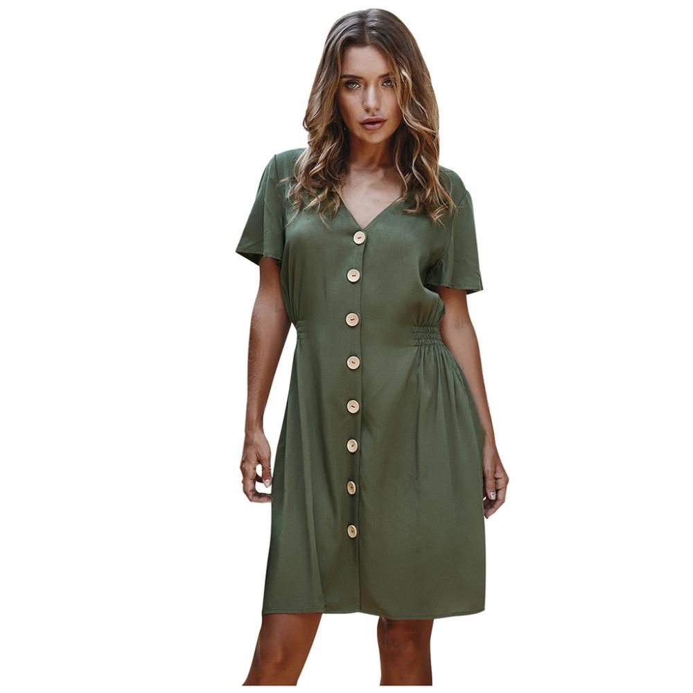 Robe sexy à col V pour femme, robe mini vintage à manches courtes et boutons, robe d'été décontractée style streetwear #g3
