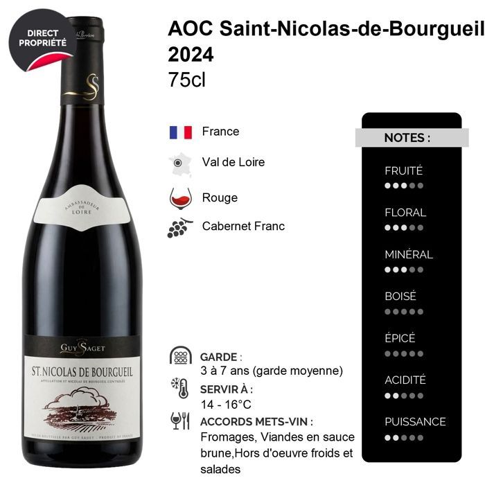 Guy Saget Saint-Nicolas-de-Bourgueil 2024 - Vin Rouge du Val de Loire (6x75cl)