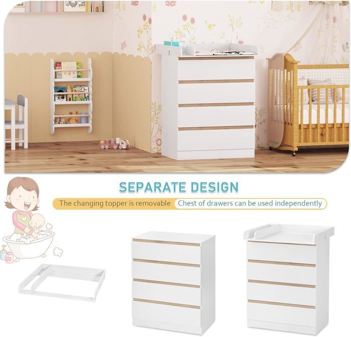 Cambiador WOLTU, cómoda cambiador para bebés con 4 cajones, MDF y madera de ingeniería, 80x75x109,2cm, blanco WT008ws