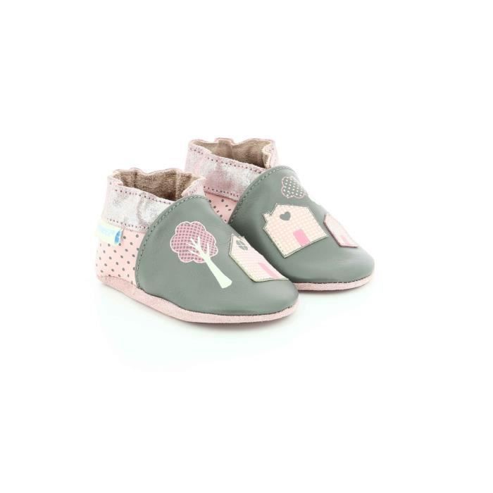 Baby leather slippers - ROBEEZ - Home Sweet Home - Grey - Flat heel - Elastic cord