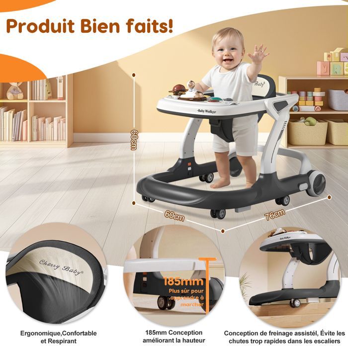 Trotteur Bébé Evolutif 2 en 1 - Hauteur Vitesse Réglable - Plateau-repas, Musique Bluetooth, Tapis, Pousseur Bébé 7-18 Mois - Gris