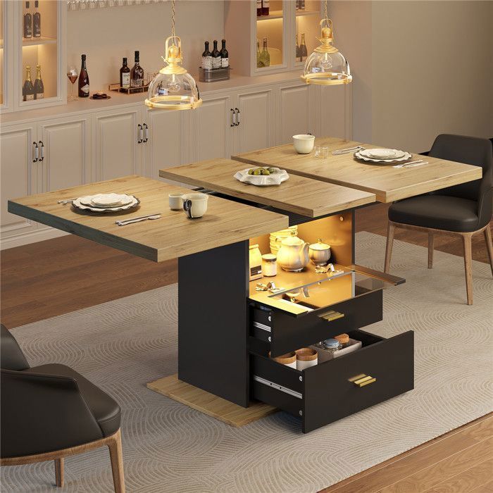 Table a Manger Extensible Bois 4 à 6 Personnes avec Éclairage LED, Table de Cuisine 110-140×80 cm avec Rangement et Tiroirs, Noir