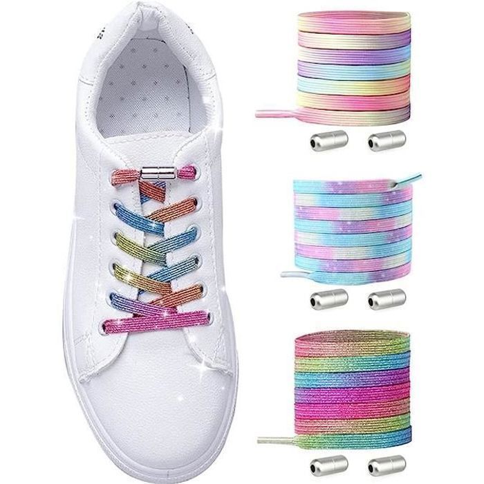 3 paires de lacets élastiques de couleur arc-en-ciel avec boucles en métal universelles pour chaussures pour enfants et adultes