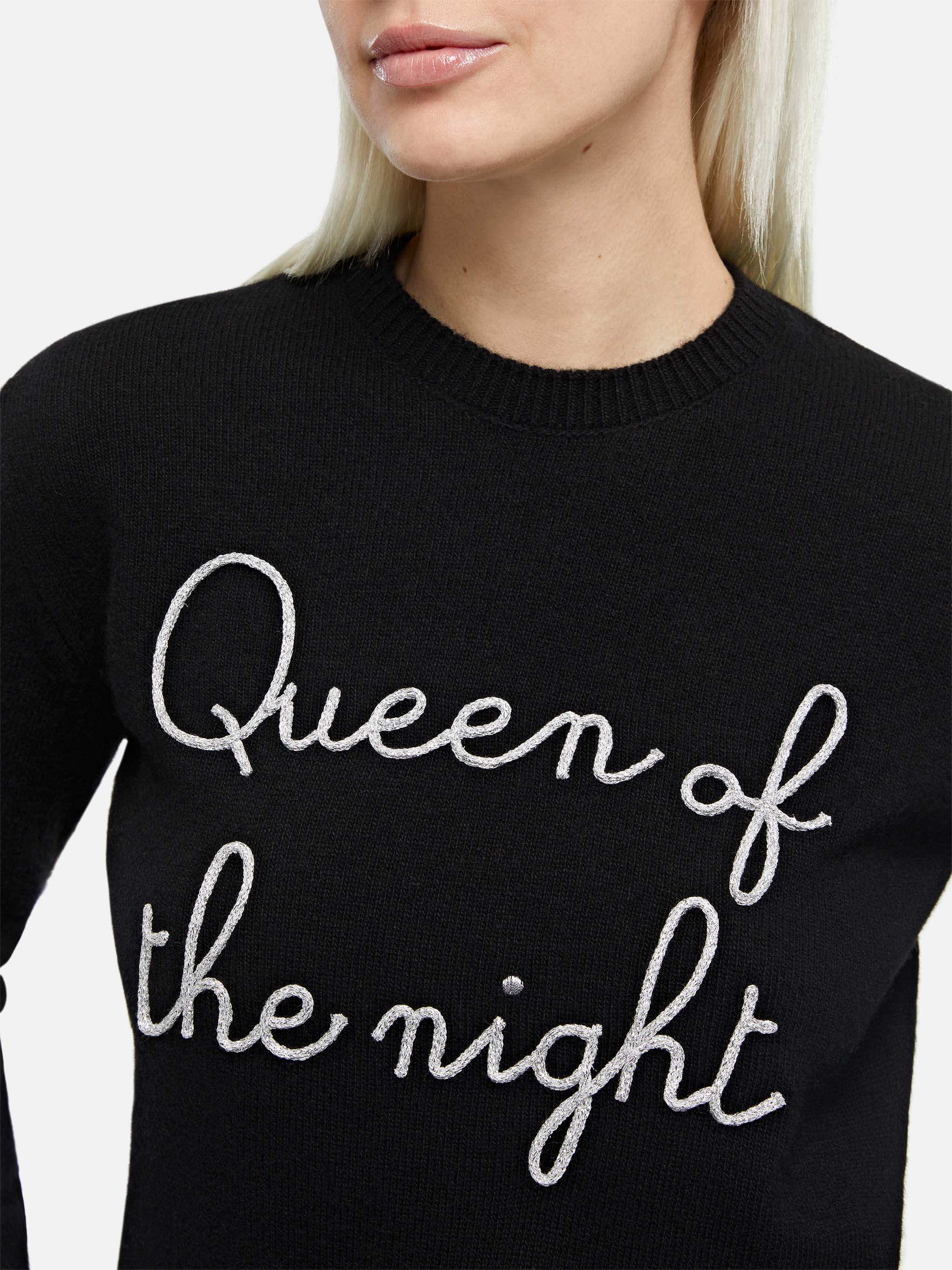 Black Crewneck Woman Sweater with Queen of the Night Embroidery | St Barth Logo Embroidery | MC2 Saint Barth