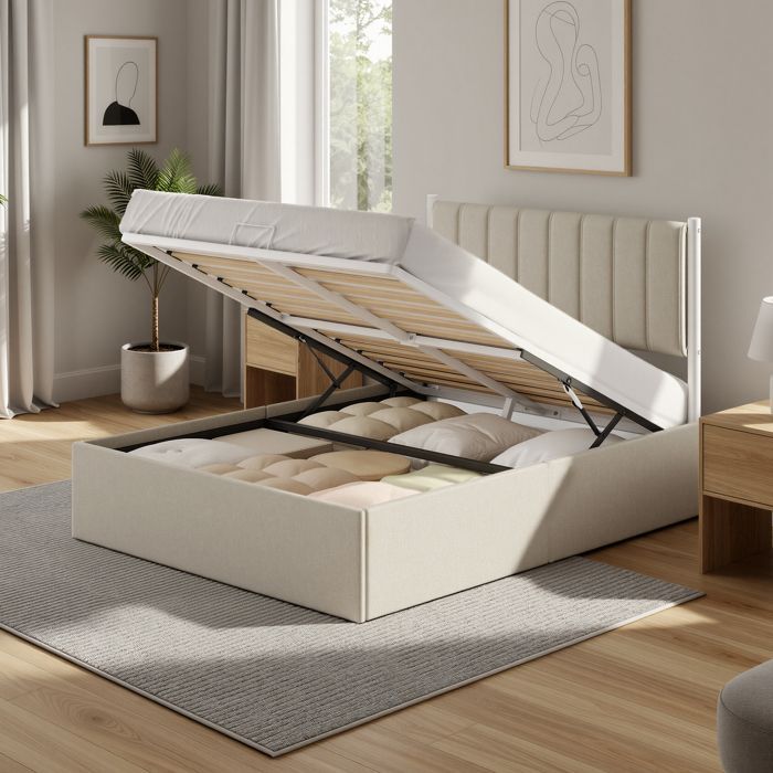 Letto matrimoniale con contenitore, base a doghe sollevabile 160 x 200 cm, struttura letto moderna, camera da letto, facile da montare, beige