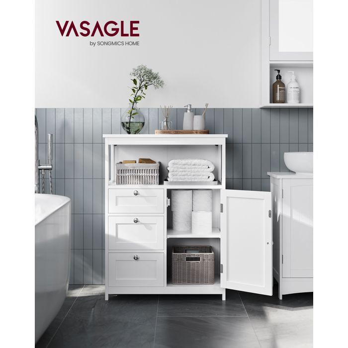 VASAGLE Badkamerkast, Commode, Kast, Kledingkast, met Verstelbare Planken, 3 Laden, 30 x 60 x 80 cm, Wit