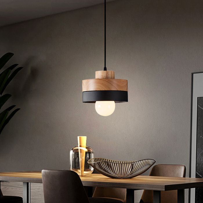 SNOGOLD Moderne ronde hanglamp met houten en zwarte metalen kap, E27 plafondlamp voor de woonkamer