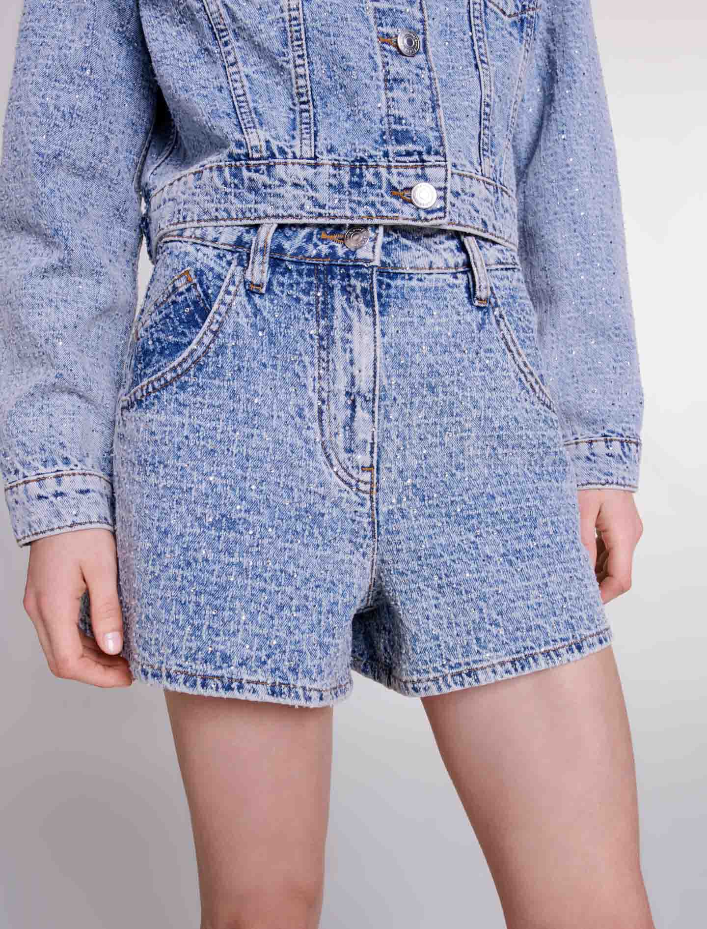 Denim shorts met jacquard en strass-steentjes - Blauw