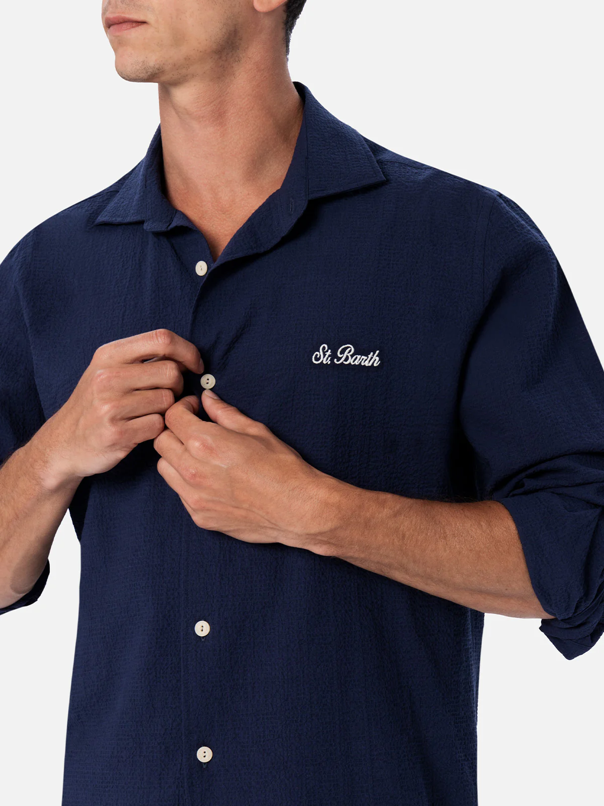Chemise en coton seersucker bleu Pampelune pour homme
