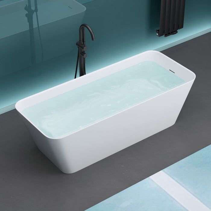 Freestanding rectangular bathtub in matte white mineral cast iron, 170x70x58cm - Mai & Mai - Nano anti-limescale
