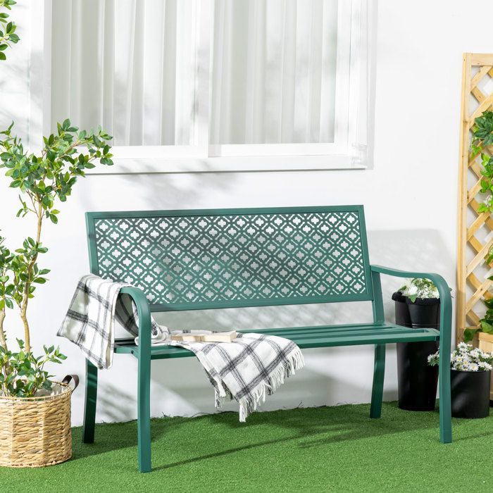 Gartenbank von Outsunny aus Stahl mit floral gemusterter Rückenlehne und Armlehnen für 2 Personen, max. Belastbarkeit 240 kg, dunkelgrün