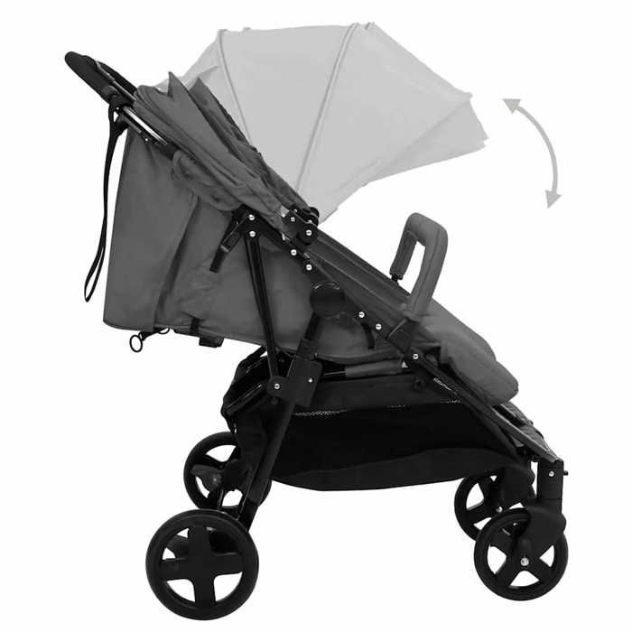 Poussette double - vidaXL - Gris foncé et noir - Acier - Harnais 5 points - Pliable