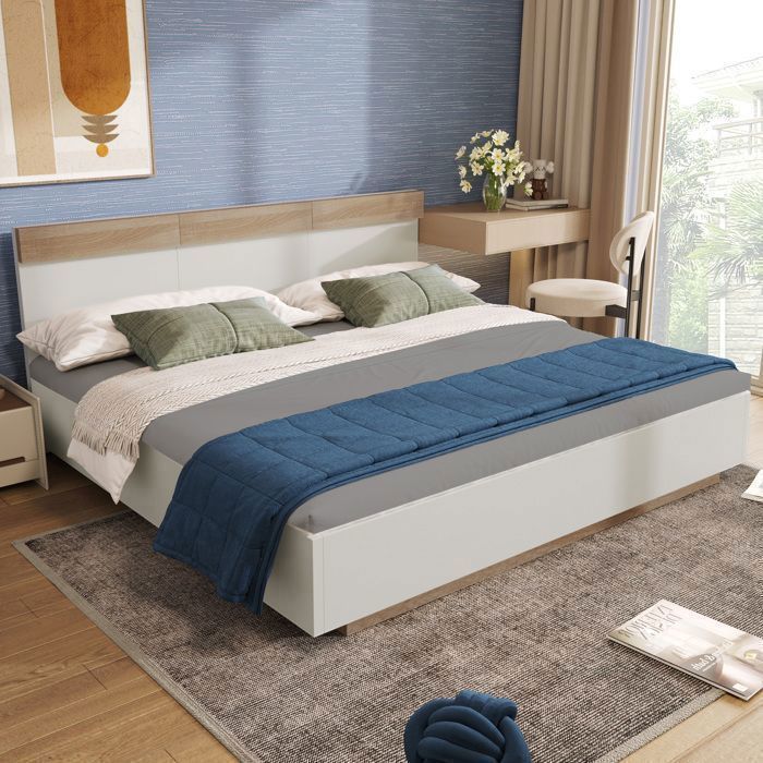 Lit Double 180x200 cm - en Bois Blanc et Chêne - avec Sommier à Lattes - Lit Design Flottant Moderne - sans Matelas