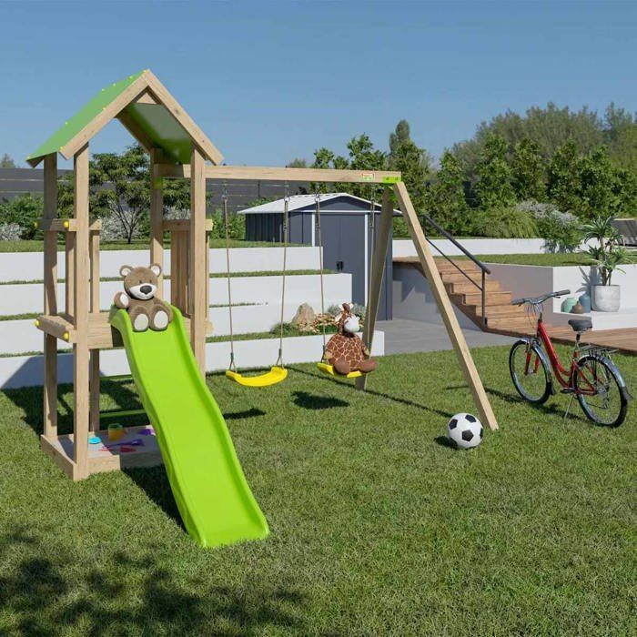 TRIGANO Aire de jeux en bois EASY XPERIENCE - 2 balancoires 1 toboggan - 6 enfants