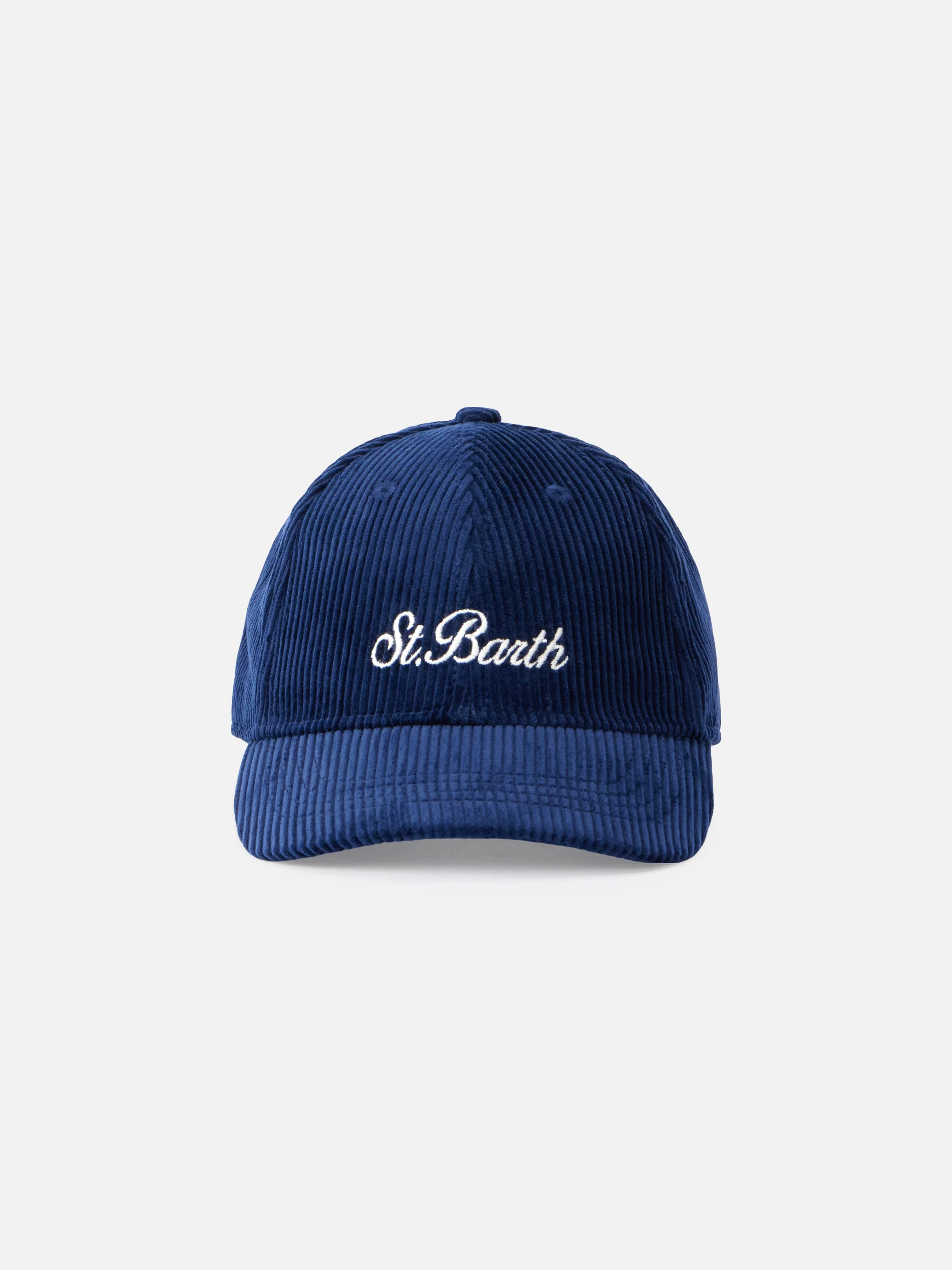 Marineblauwe corduroy baseballpet met geborduurd logo.