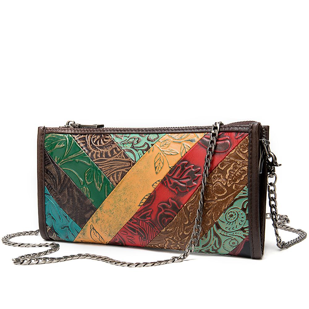 Sac bandoulière femme, pochette à chaîne, style bohème, en cuir véritable, sac messager/sacoche de poignet