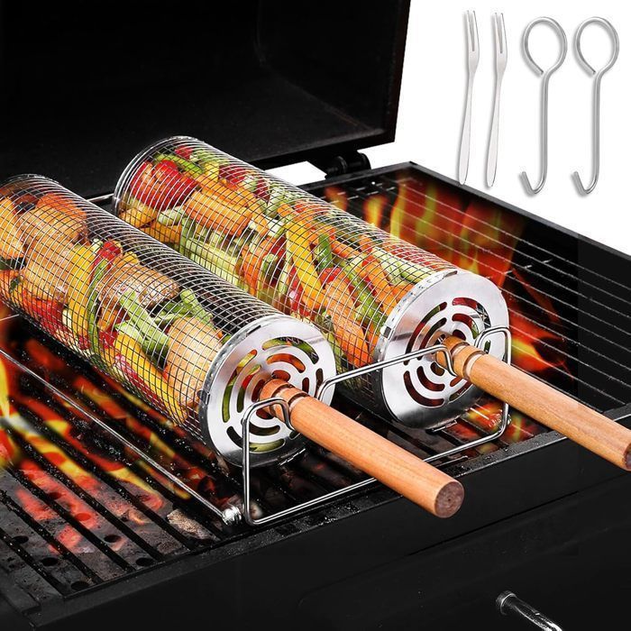 Accessoires pour barbecue - Lot de 2 Panier de Barbecue Avec Manche en Bois Amovible Paniers Griller Cyl USTENSILE BARBECUE PLANCHA