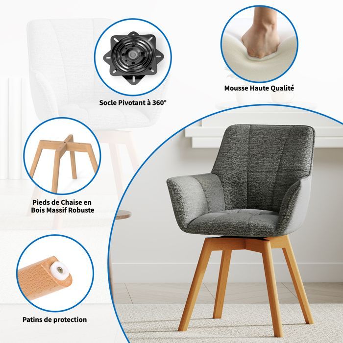WAFTING Lot de 6 Chaises de Salle à Manger Pivotantes avec Accoudoirs, Fauteuil Rembourrée avec Dossier en coton, Gris Foncé