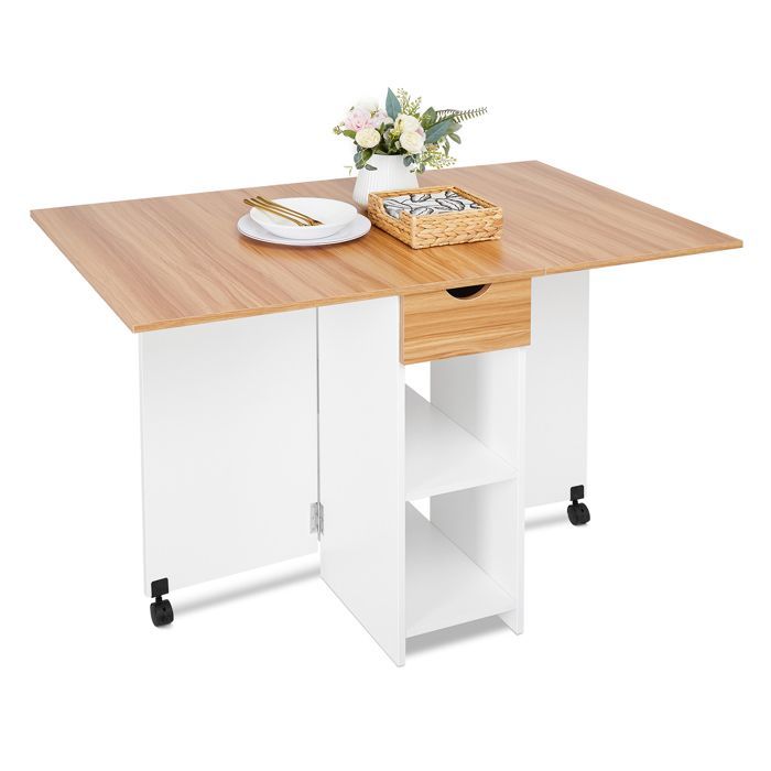 Mondeer Table à Manger Pliable, Table pliante avec 1 Tiroir et 2 Etagères,Table de Cuisine Pour Petit Espace, Chêne Rouge et Blanc