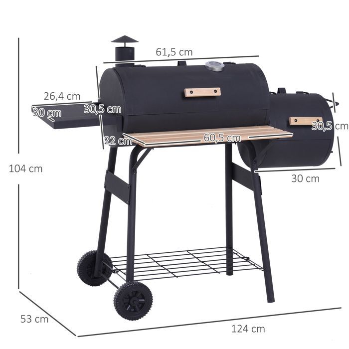 Barbecue à charbon - Outsunny - fumoir BBQ grill smoker sur pied couvercle roulettes thermomètre - acier - noir