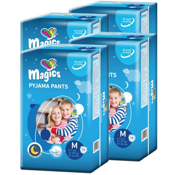 Pañales nocturnos Magics - 60 pañales absorbentes para la noche - Niños de 4 a 7 años, talla M (17-30 kg) - Ropa interior para la incontinencia